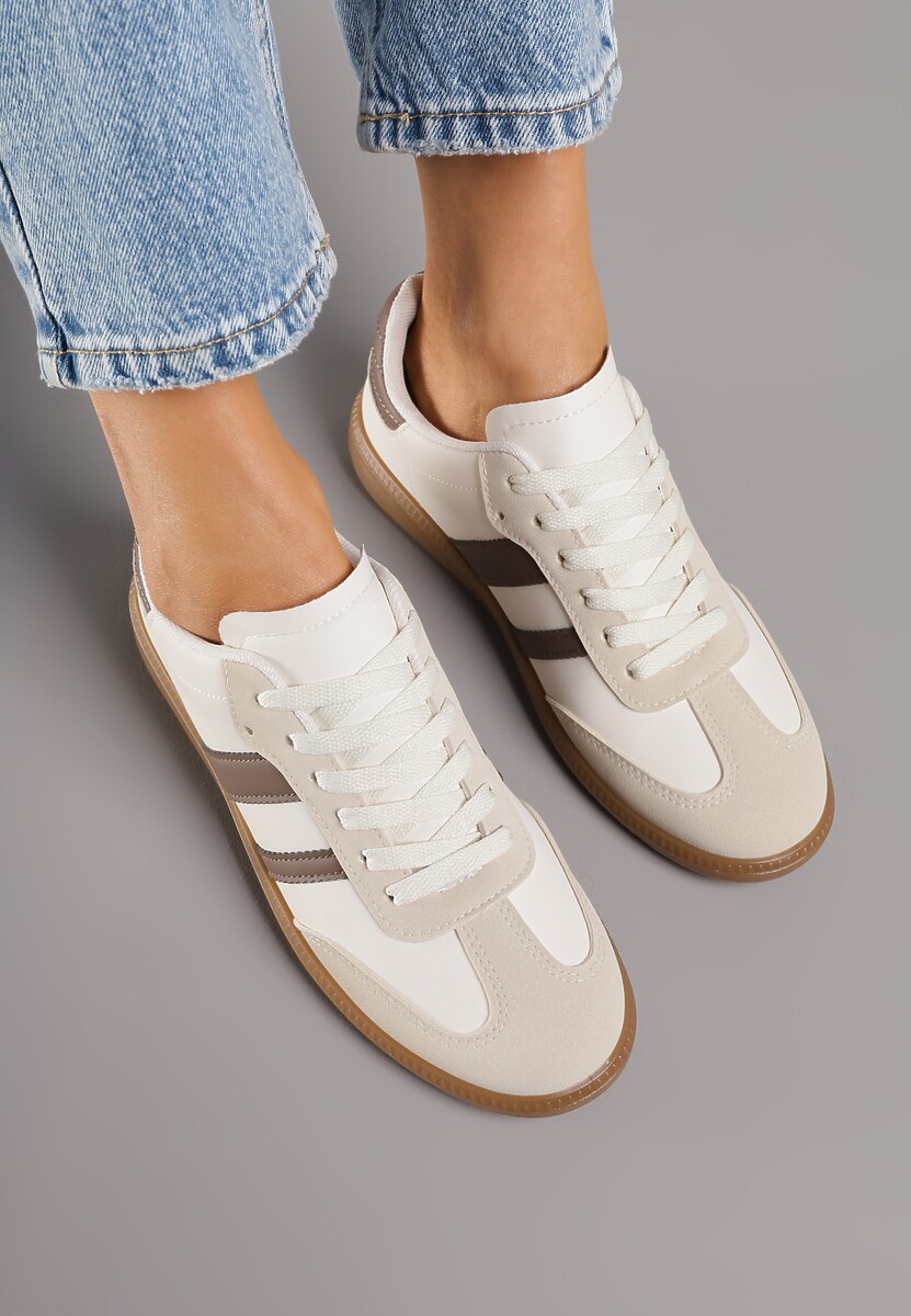 Ciemnobeżowe Casualowe Sneakersy na Płaskiej Podeszwie z Paskami Jereria 3