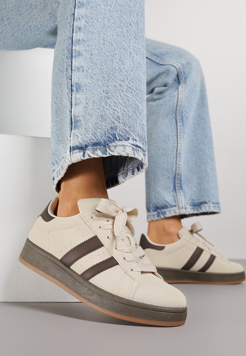 Beżowo-Brązowe Sneakersy Ozdobione Paskami Dolirenna 1