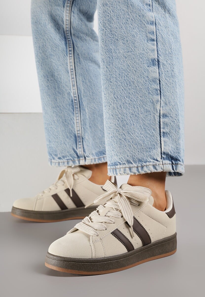 Beżowo-Brązowe Sneakersy Ozdobione Paskami Dolirenna 2