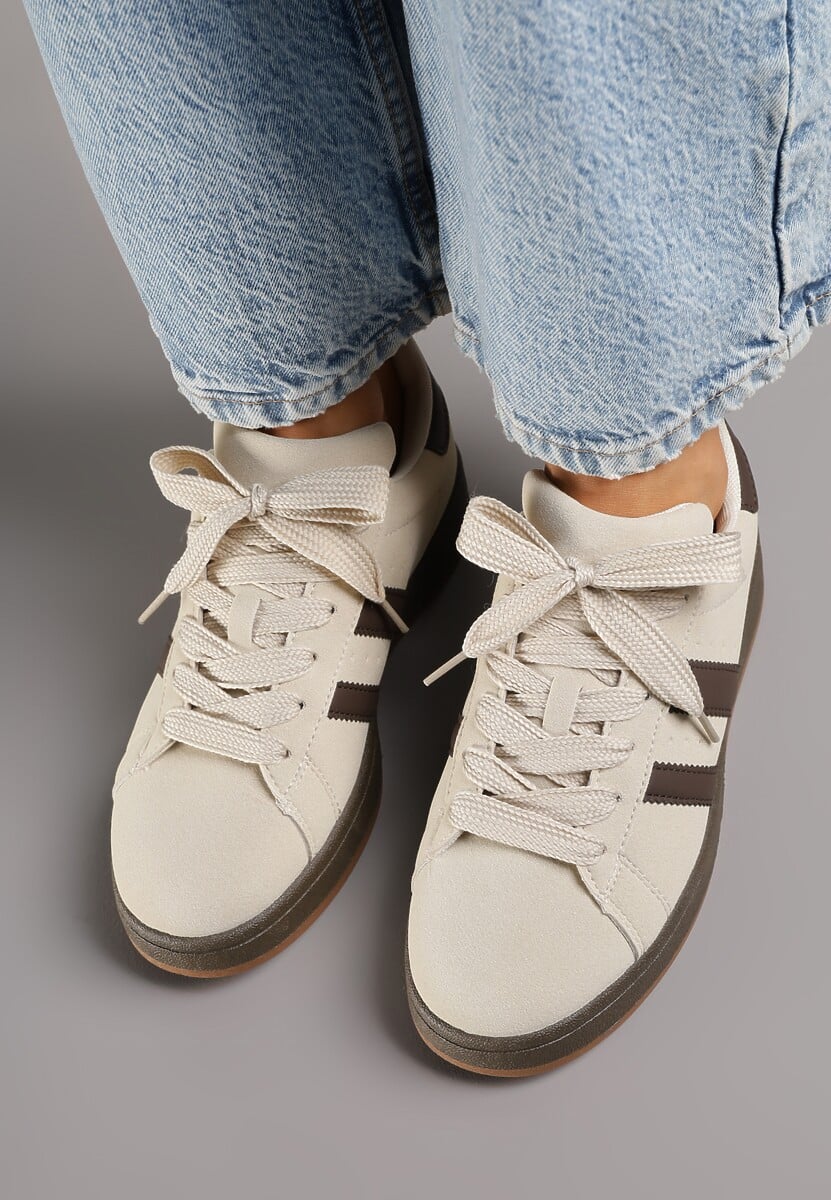 Beżowo-Brązowe Sneakersy Ozdobione Paskami Dolirenna 3