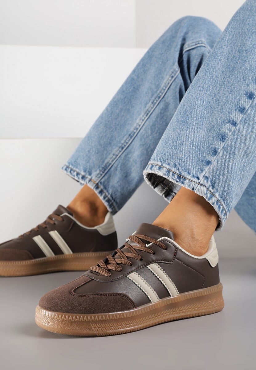 Brązowe Sneakersy na Niskiej Platformie z Paskami na Boku Mevalin 1