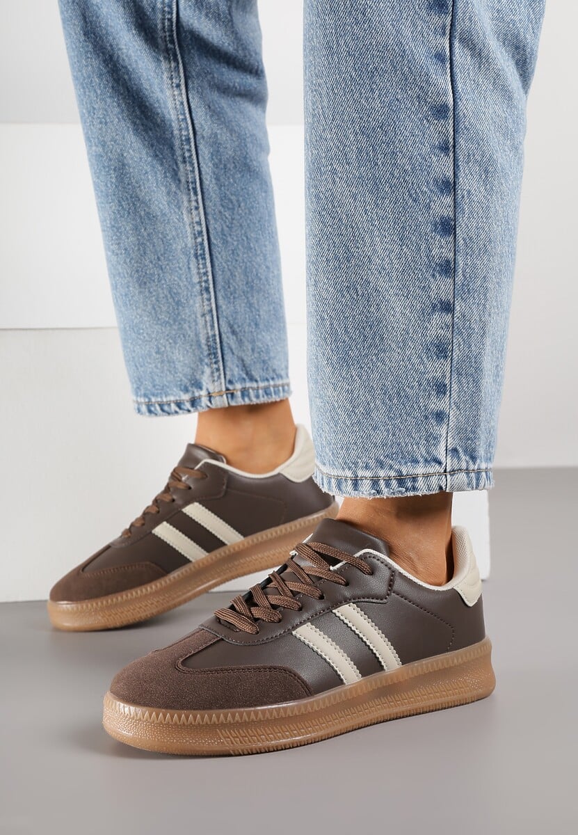 Brązowe Sneakersy na Niskiej Platformie z Paskami na Boku Mevalin 2