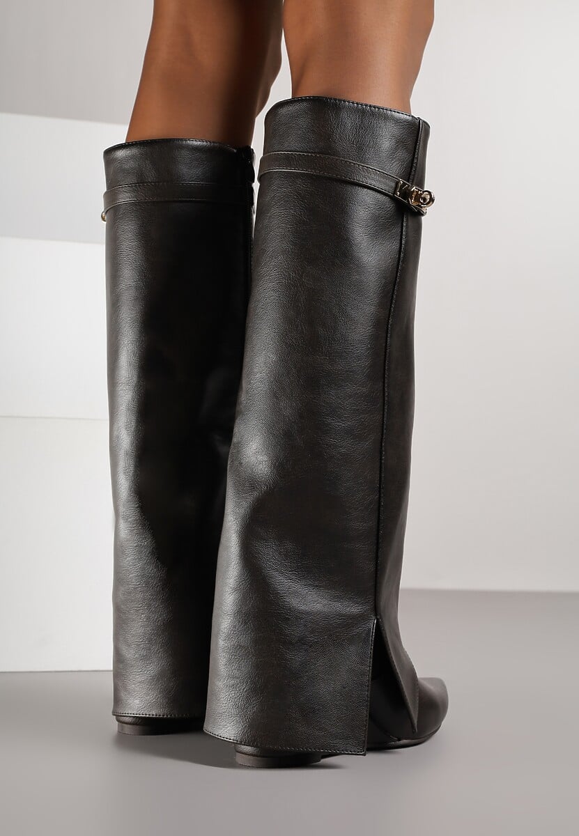 Brązowe Kozaki na Koturnie z Cholewką Imitującą Nogawkę z Aplikacją Testarria 3