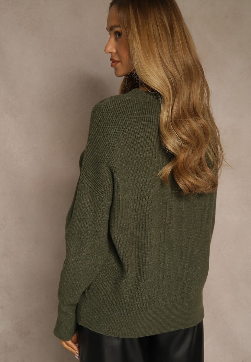 Ciemnozielony Sweter z Dodatkiem Kaszmiru i Trójkątnym Dekoltem Silefera 3