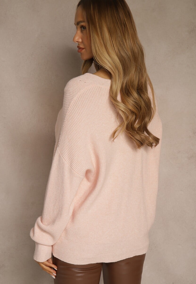 Jasnoróżowy Sweter z Dodatkiem Kaszmiru i Trójkątnym Dekoltem Silefera 3
