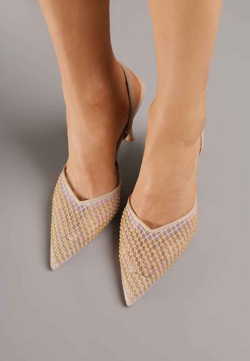 Ciemnobeżowe Sandały na Szpilce z Siateczkowym Noskiem z Aplikacją z Perełek Aurifera 3