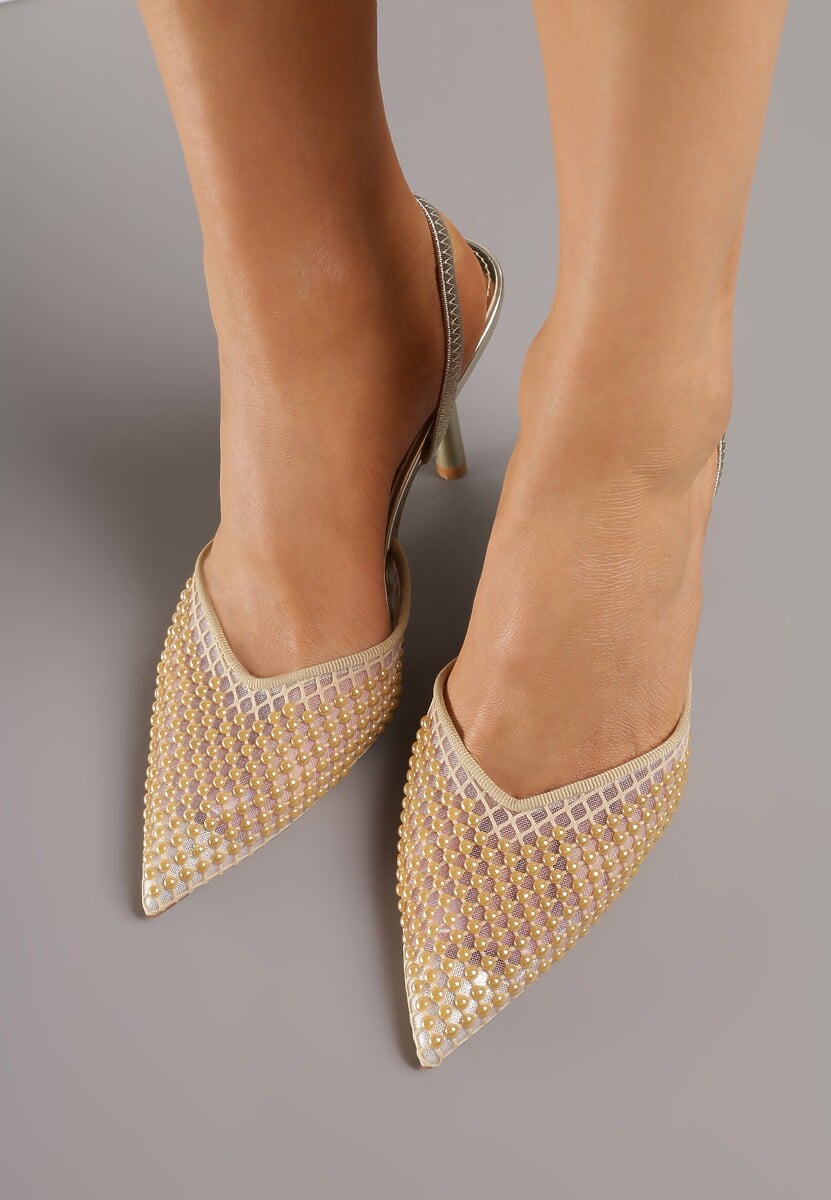 Złote Sandały na Szpilce z Siateczkowym Noskiem z Aplikacją z Perełek Aurifera 3