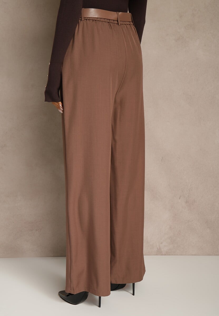 Brązowe Szerokie Spodnie Garniturowe z Wysokim Stanem i Paskiem z Klamrą Fevelira 3