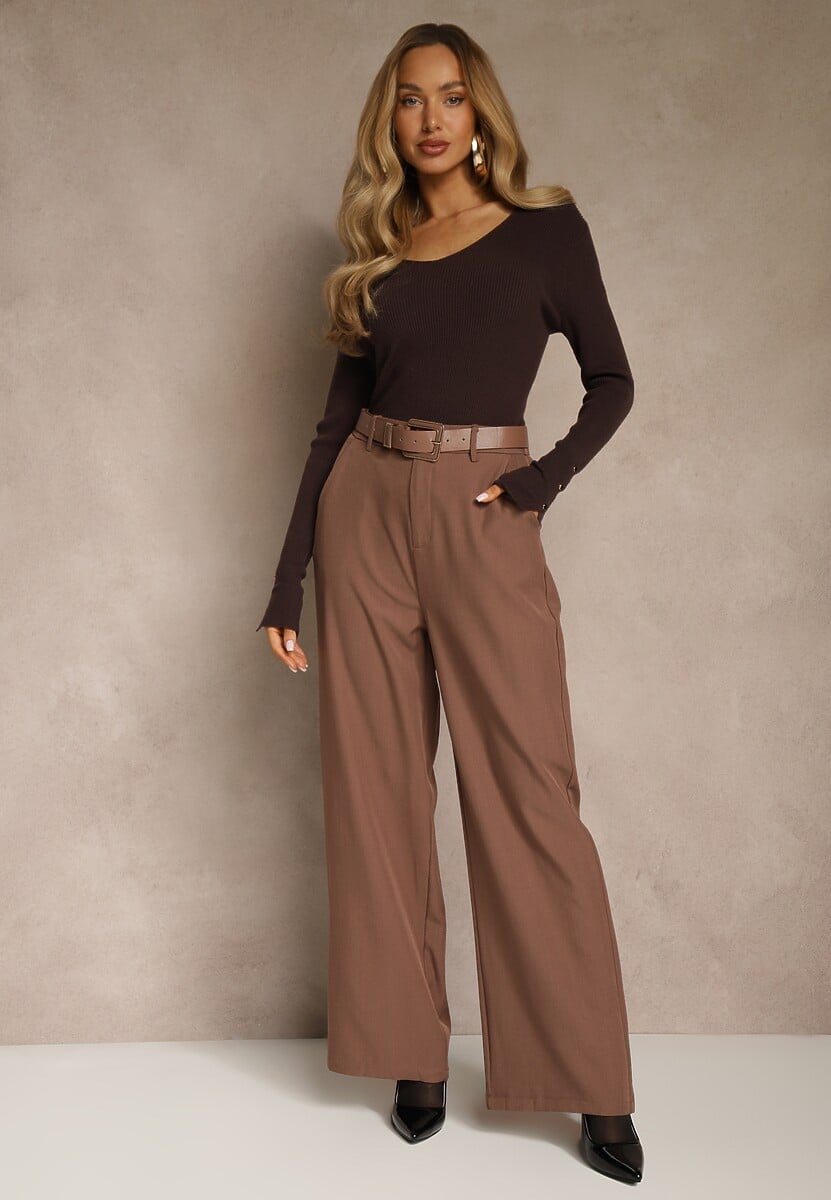 Brązowe Szerokie Spodnie Garniturowe z Wysokim Stanem i Paskiem z Klamrą Fevelira 1