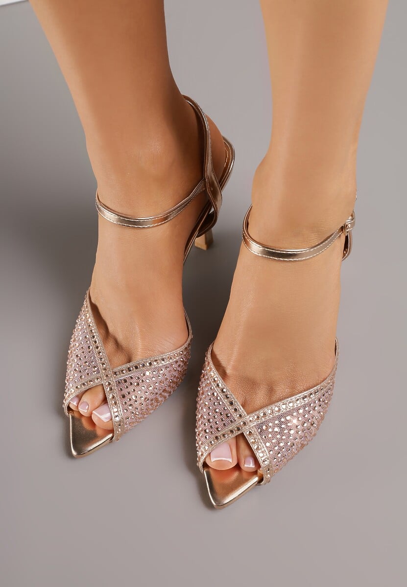Szampańskie Eleganckie Sandały na Szpilce Ozdobione Cyrkoniami  Viofera 3