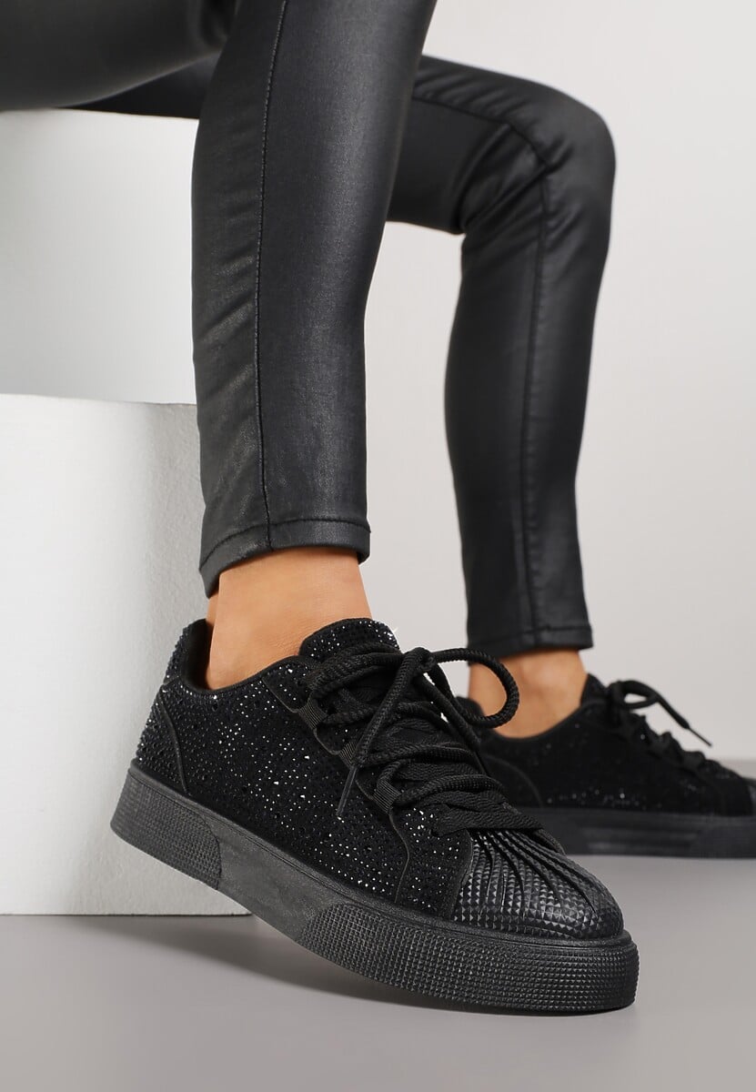 Czarne Cyrkoniowe Sneakersy Zdobione Marszczeniem na Nosku Westafera 1