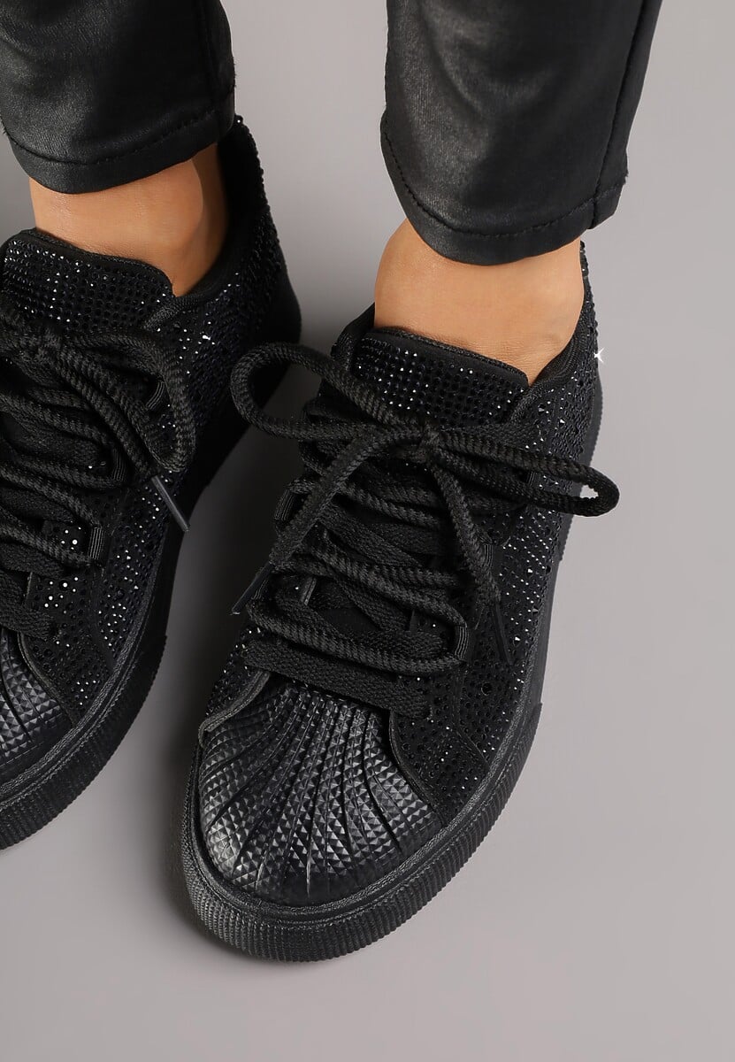 Czarne Cyrkoniowe Sneakersy Zdobione Marszczeniem na Nosku Westafera 3
