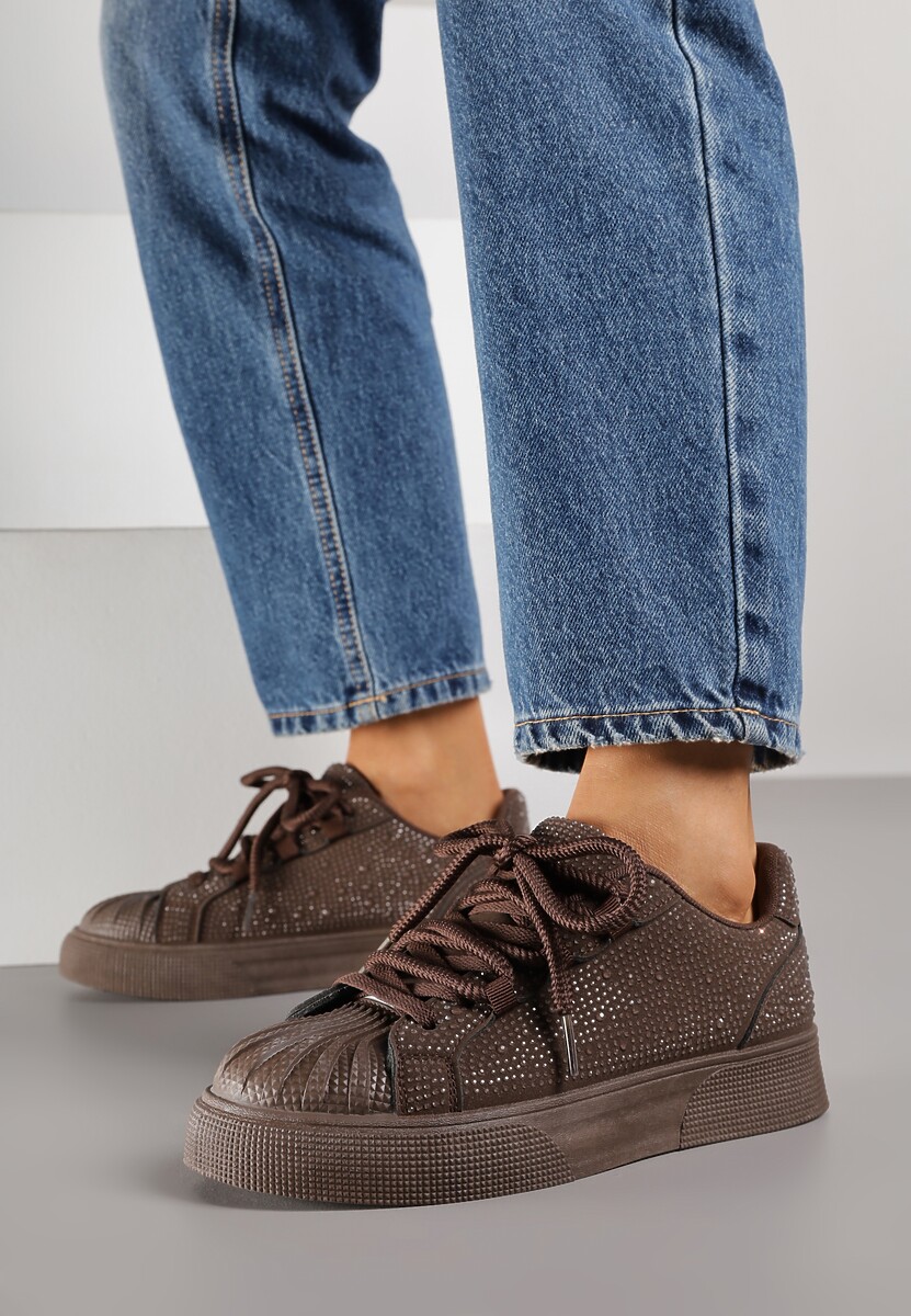 Brązowe Cyrkoniowe Sneakersy Zdobione Marszczeniem na Nosku Westafera 1