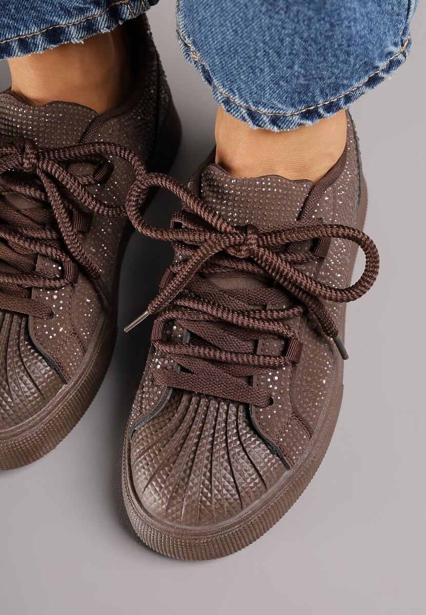 Brązowe Cyrkoniowe Sneakersy Zdobione Marszczeniem na Nosku Westafera 3