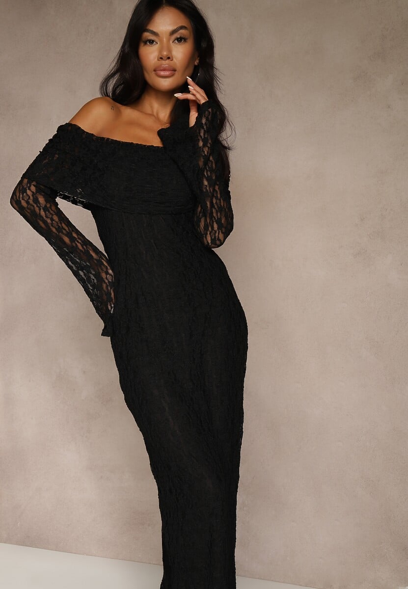 Czarna Koronkowa Sukienka Koktajlowa z Odkrytymi Ramionami Eperria 1