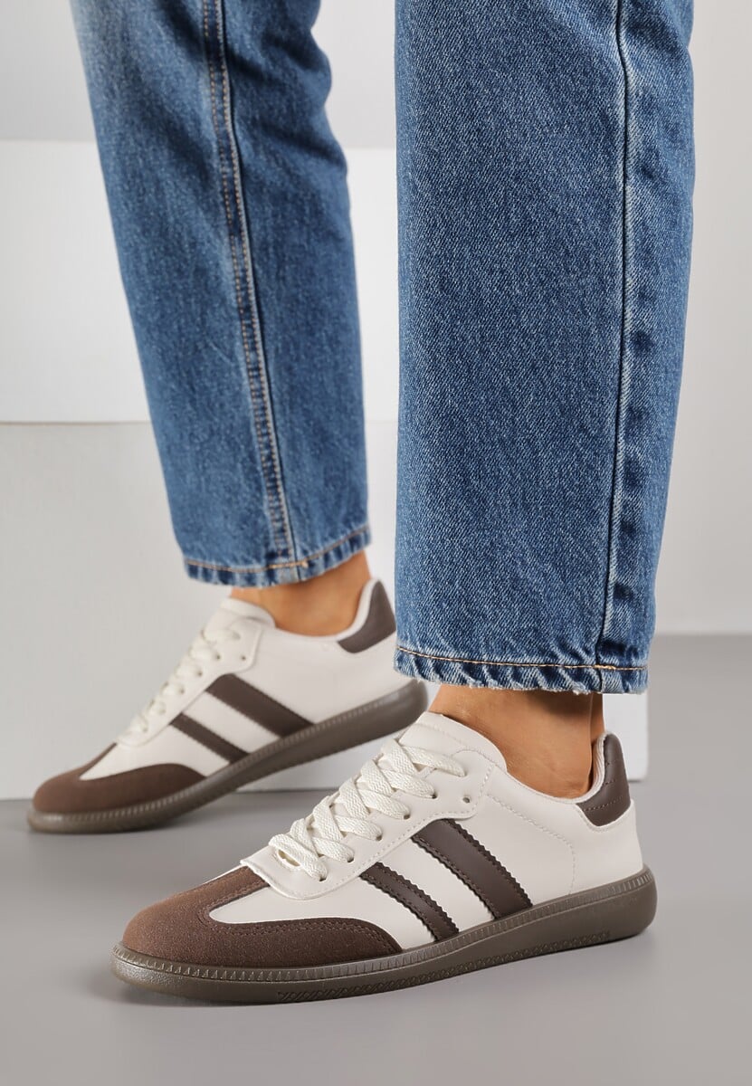 Beżowo-Brązowe Casualowe Sneakersy na Płaskiej Podeszwie z Paskami Jereria 2