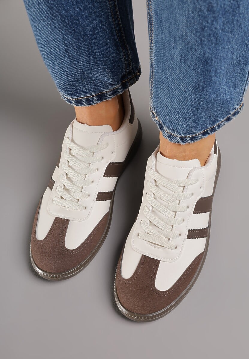 Beżowo-Brązowe Casualowe Sneakersy na Płaskiej Podeszwie z Paskami Jereria 3