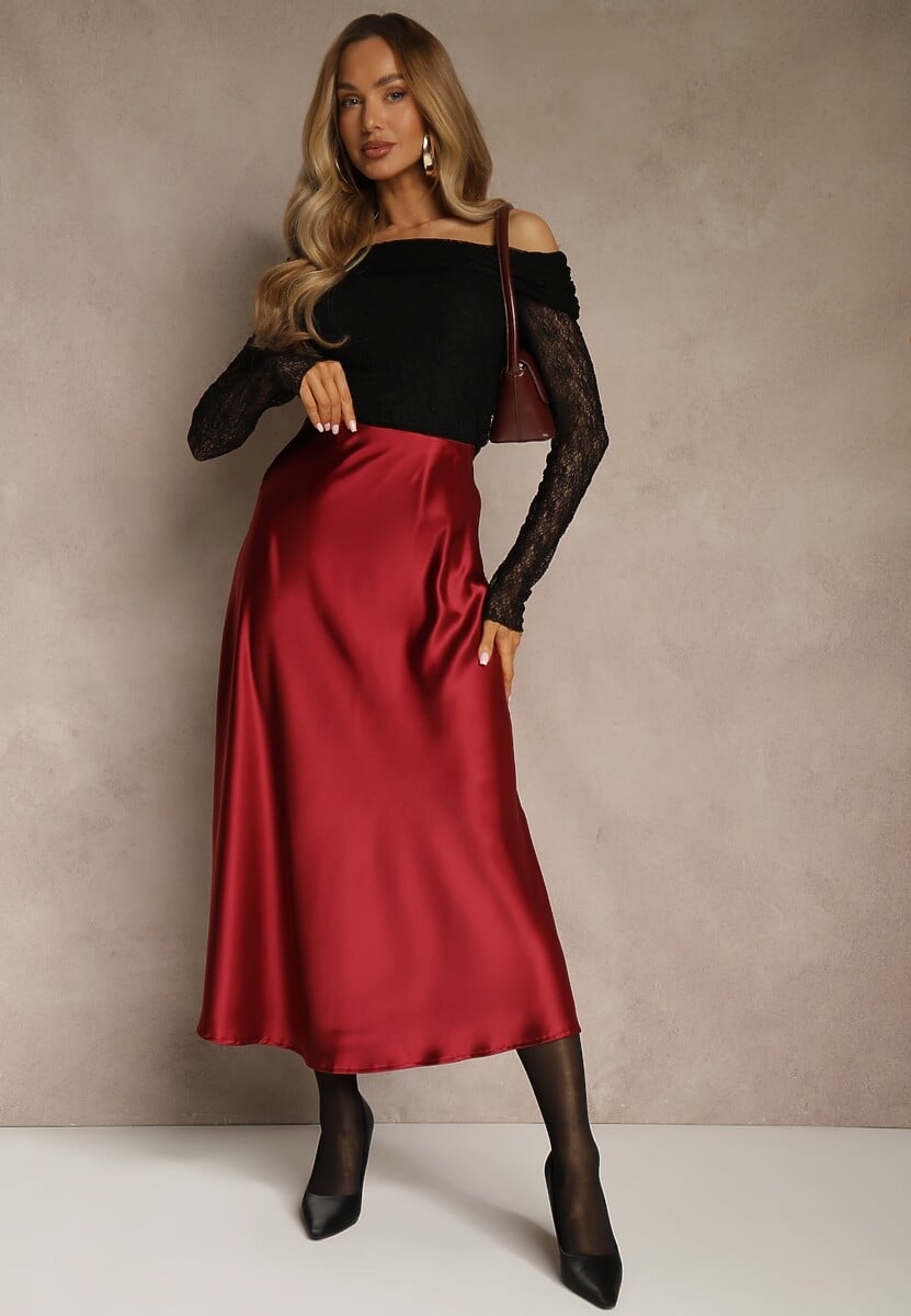 Bordowa Satynowa Midi Spódnica Rozkloszowana z Gumką w Pasie i Suwakiem Leose 2