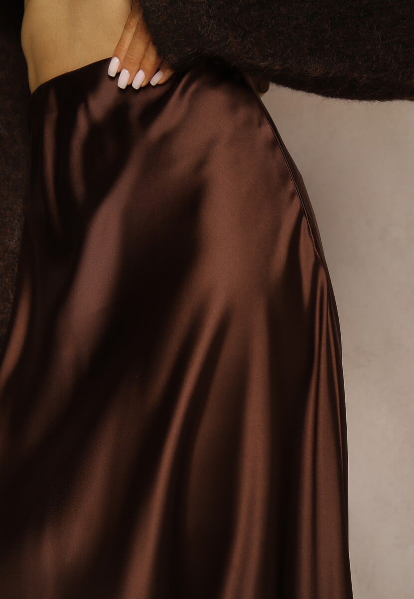 Brązowa Satynowa Midi Spódnica Rozkloszowana z Gumką w Pasie i Suwakiem Leose 4