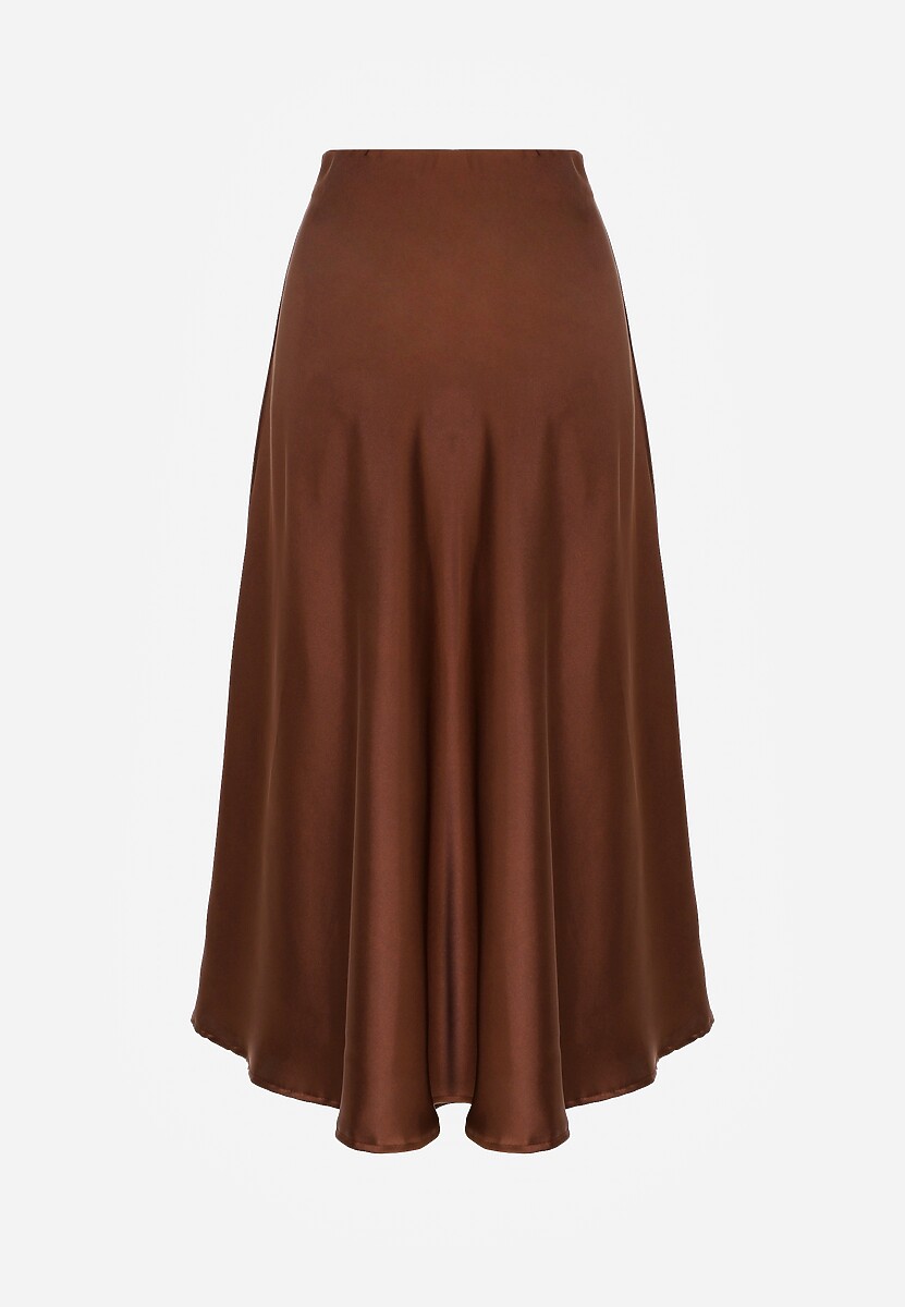 Fustă Midi Satin Cloș Maro cu elastic în talie și fermoar Leose