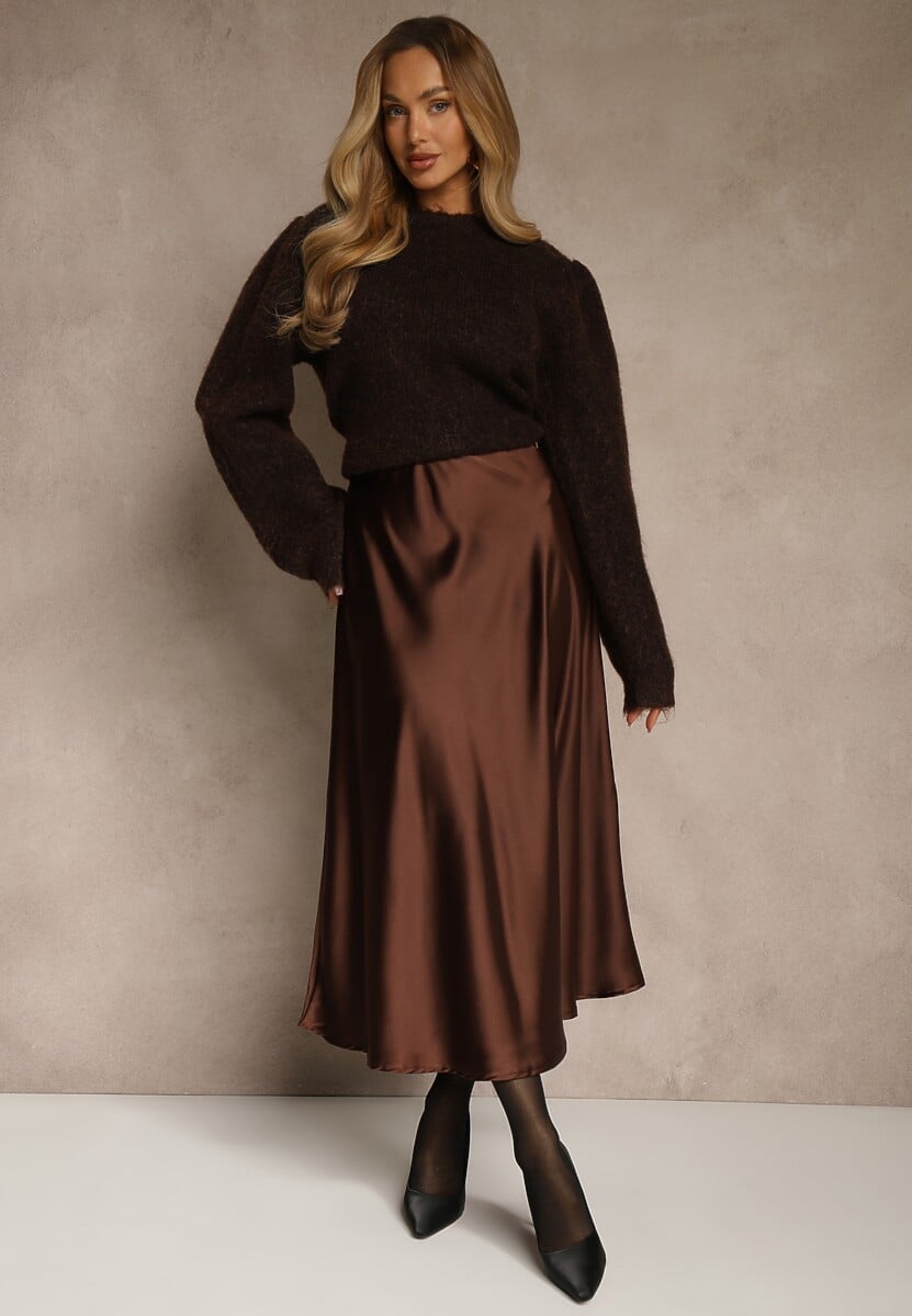 Brązowa Satynowa Midi Spódnica Rozkloszowana z Gumką w Pasie i Suwakiem Leose 1