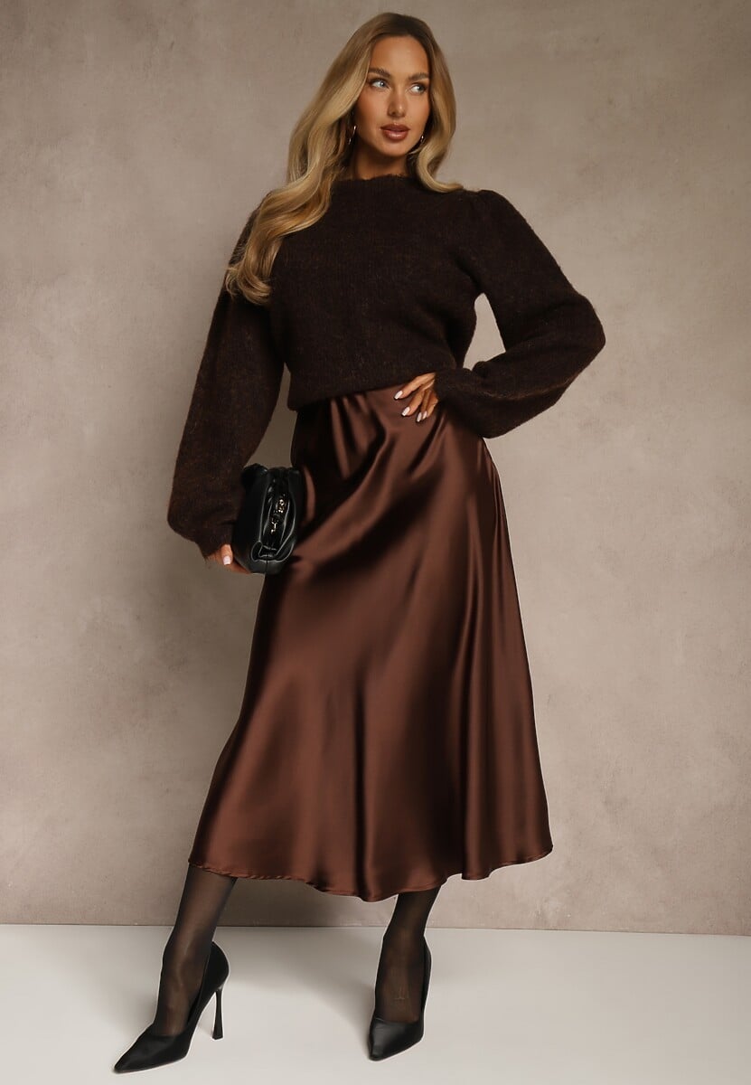 Brązowa Satynowa Midi Spódnica Rozkloszowana z Gumką w Pasie i Suwakiem Leose 2