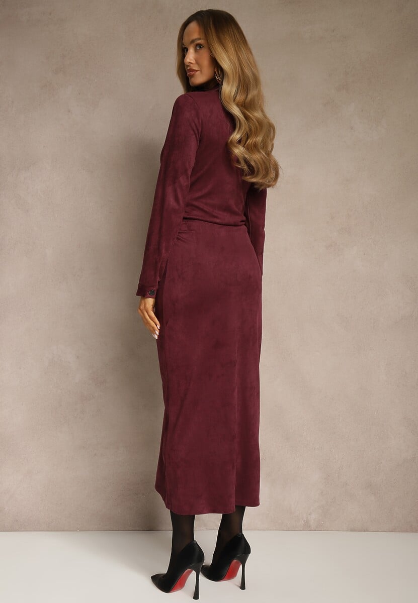 Bordowa Marszczona Sukienka z Imitacji Zamszu o Koszulowym Kroju Esora 3