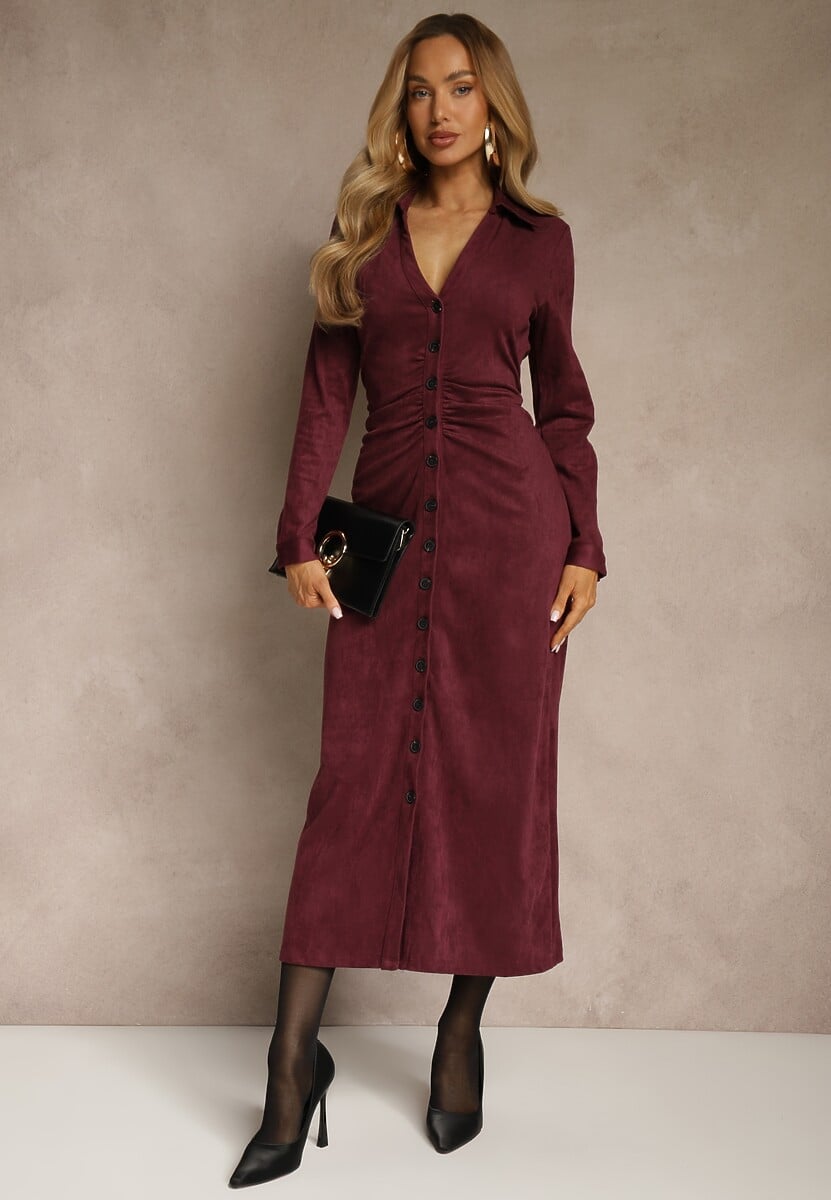 Bordowa Marszczona Sukienka z Imitacji Zamszu o Koszulowym Kroju Esora 1