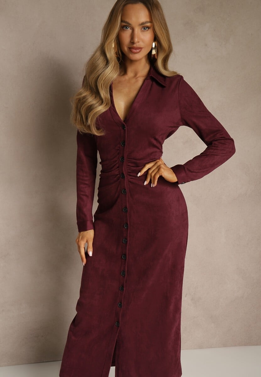 Bordowa Marszczona Sukienka z Imitacji Zamszu o Koszulowym Kroju Esora 2