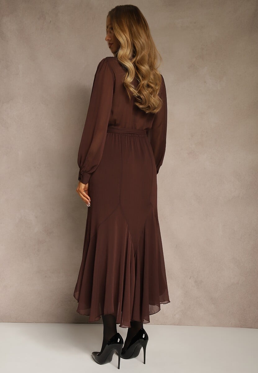 Brązowa Romantyczna Sukienka z Bufiastymi Rękawami i Falbanką z Koronki Sewmira 3