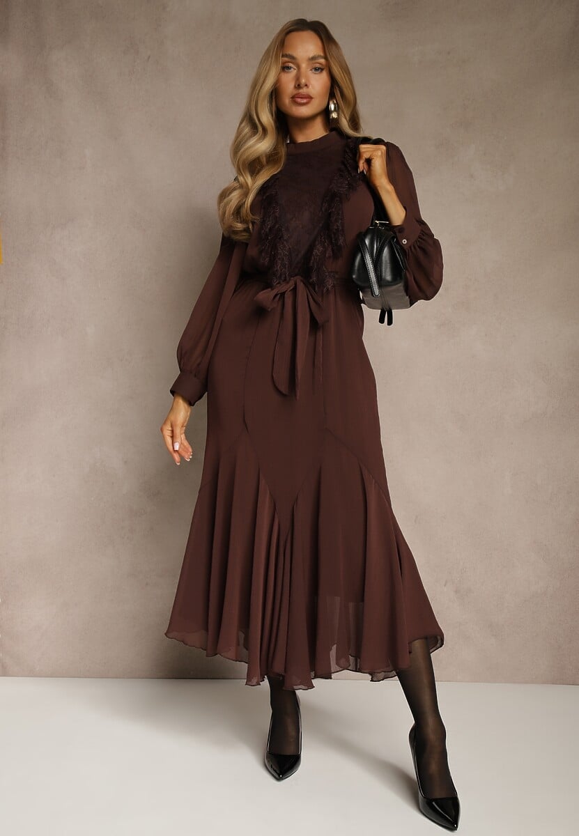 Brązowa Romantyczna Sukienka z Bufiastymi Rękawami i Falbanką z Koronki Sewmira 1