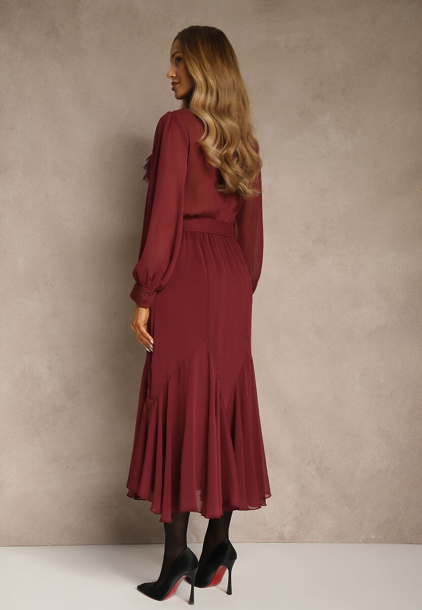 Bordowa Romantyczna Sukienka z Bufiastymi Rękawami i Falbanką z Koronki Sewmira 3