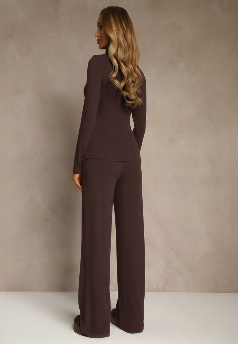 Brązowy Komplet z Bawełny Kopertowa Bluzka Longsleeve i Szerokie Spodnie Amaferia 3