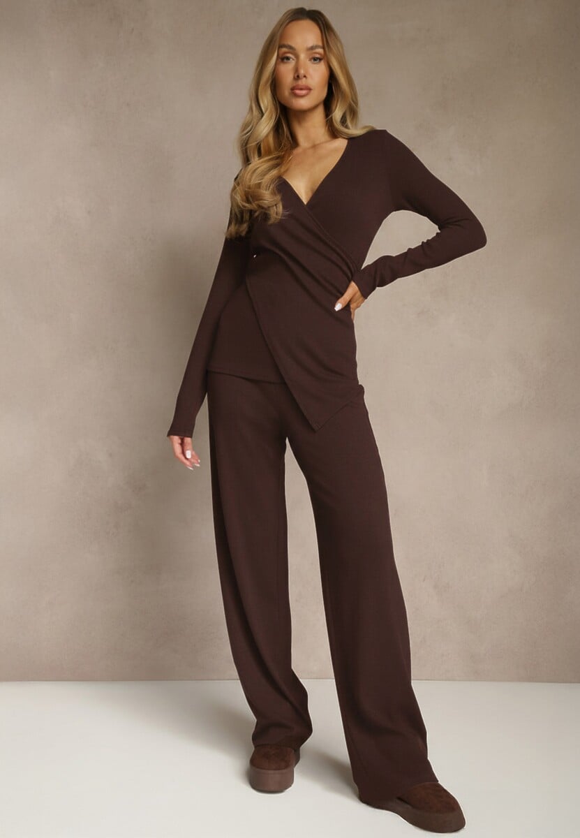 Brązowy Komplet z Bawełny Kopertowa Bluzka Longsleeve i Szerokie Spodnie Amaferia 1