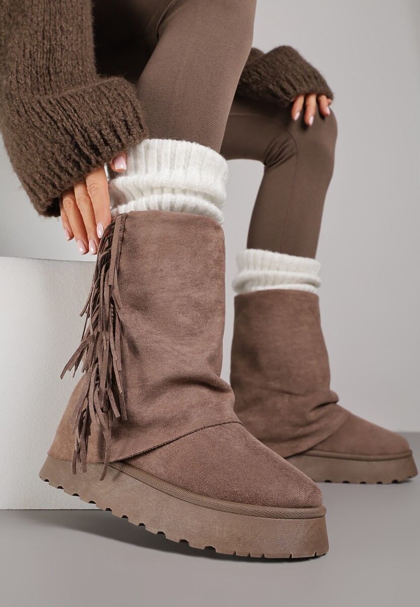 Jasnobrązowe Botki Śniegowce z Wywiniętą Cholewką Zdobioną Frędzlami Sewela 1