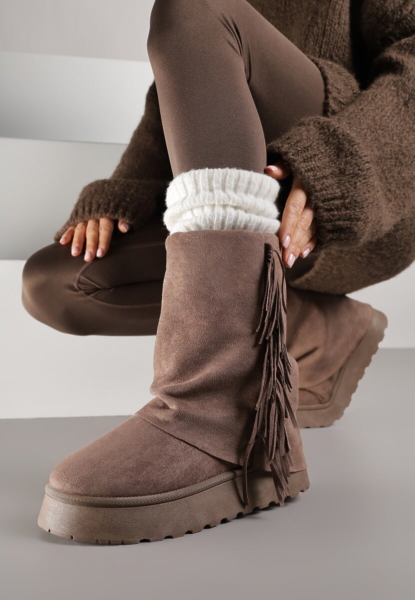 Jasnobrązowe Botki Śniegowce z Wywiniętą Cholewką Zdobioną Frędzlami Sewela 2