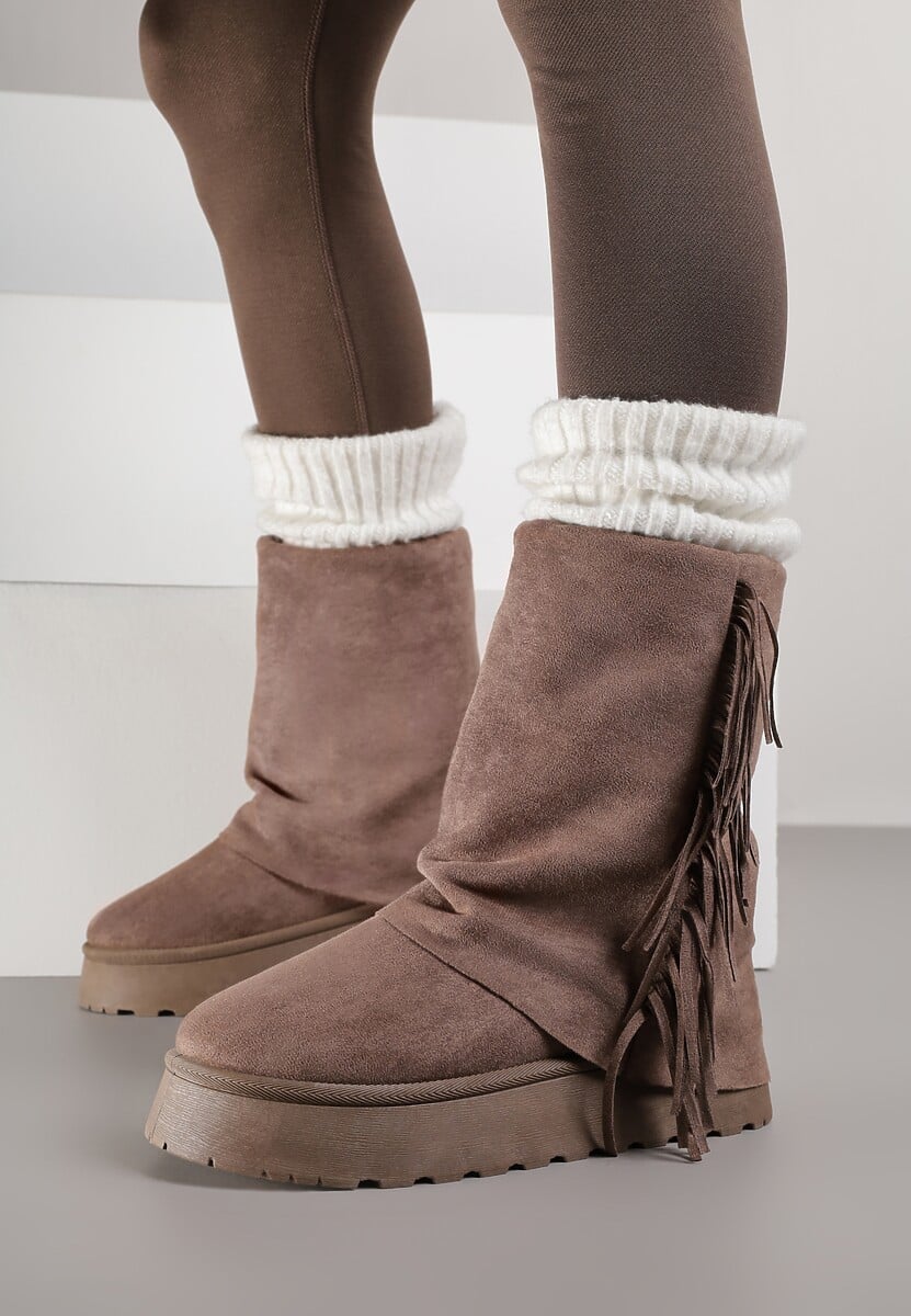 Jasnobrązowe Botki Śniegowce z Wywiniętą Cholewką Zdobioną Frędzlami Sewela 3