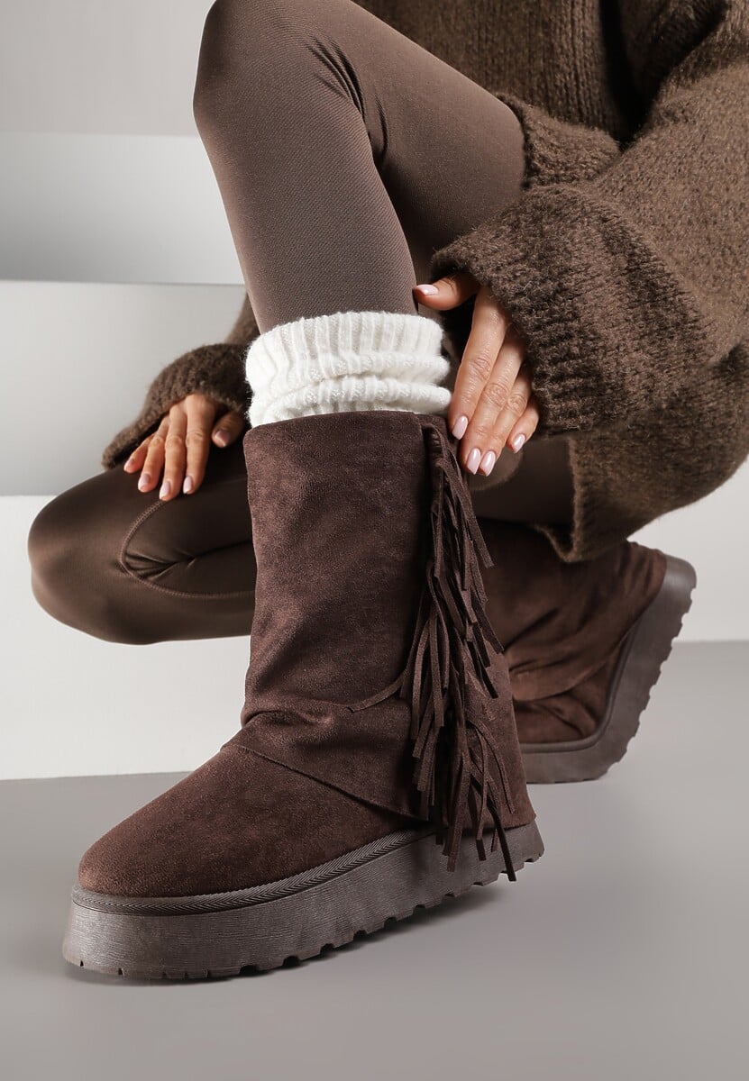 Brązowe Botki Śniegowce z Wywiniętą Cholewką Zdobioną Frędzlami Sewela 1