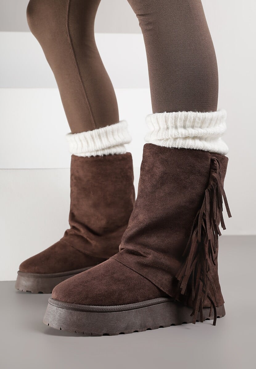 Brązowe Botki Śniegowce z Wywiniętą Cholewką Zdobioną Frędzlami Sewela 3