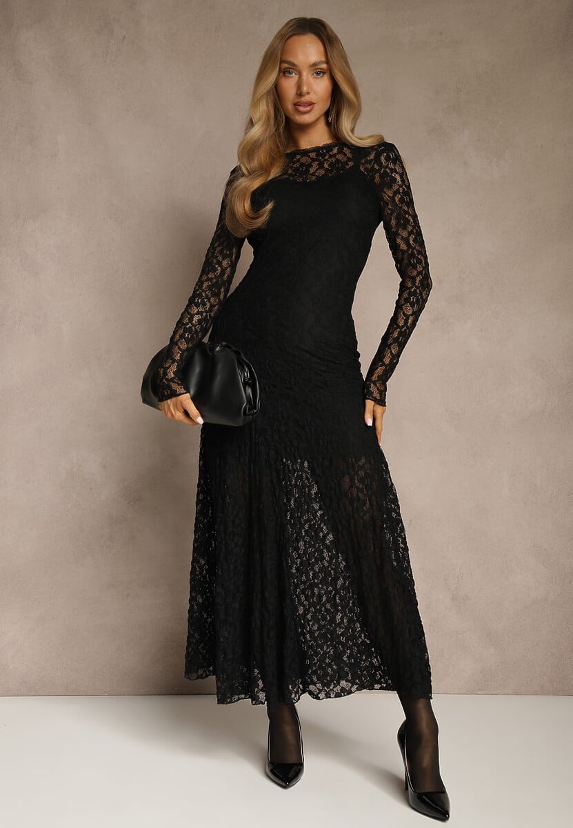 Czarna Elegancka Sukienka z Koronki z Odkrytymi Plecami Lilafera 2
