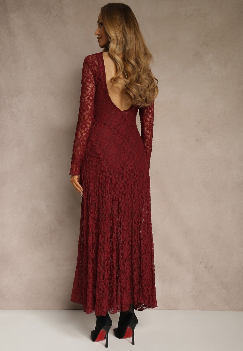 Bordowa Elegancka Sukienka z Koronki z Odkrytymi Plecami Lilafera 3