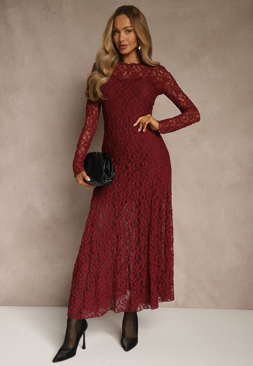 Bordowa Elegancka Sukienka z Koronki z Odkrytymi Plecami Lilafera 2
