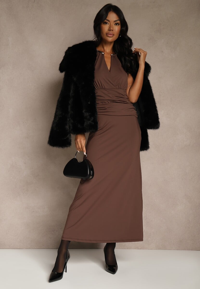 Brązowa Wieczorowa Sukienka Halter z Odkrytymi Plecami Sewsara 2