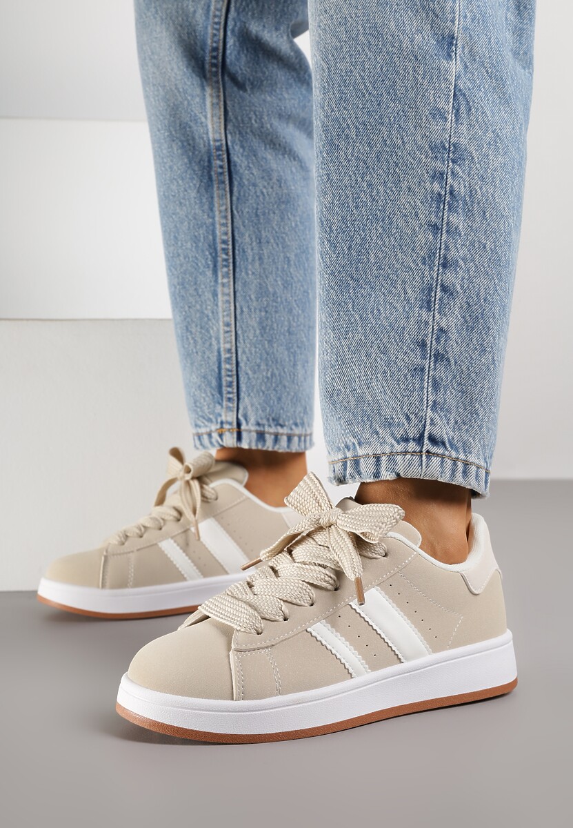 Beżowo-Białe Sneakersy na Niskiej Platformie z Naszywkami Flordexia 2