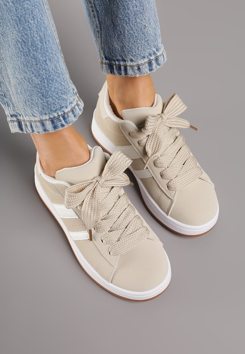 Beżowo-Białe Sneakersy na Niskiej Platformie z Naszywkami Flordexia 3