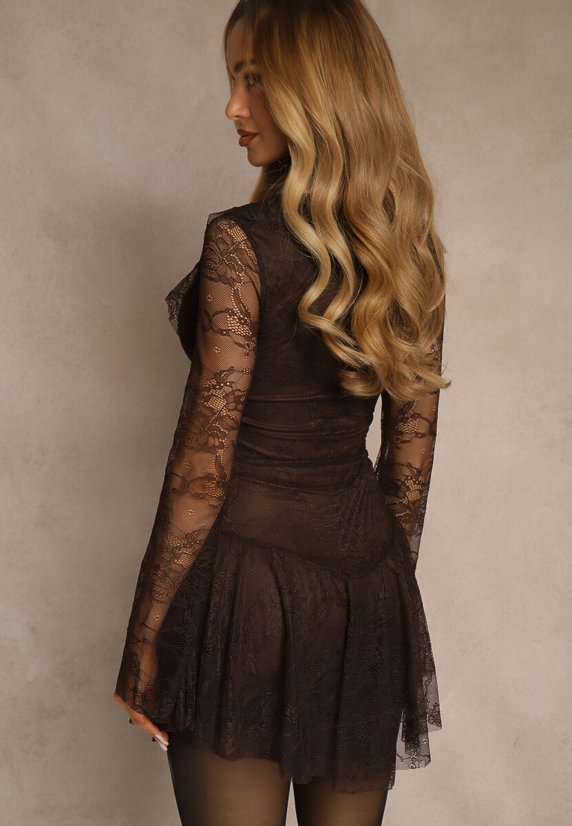 Brązowa Sukienka Imprezowa z Koronki Zdobiona Wiązaniem przy Dekolcie Enafera 3