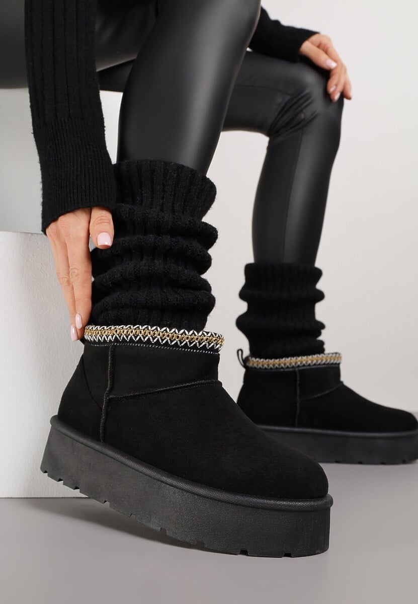 Czarne Śniegowce na Platformie z Haftem przy Cholewce Sewnera 1