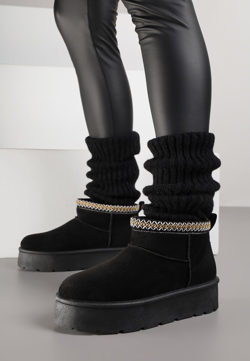 Czarne Śniegowce na Platformie z Haftem przy Cholewce Sewnera 3