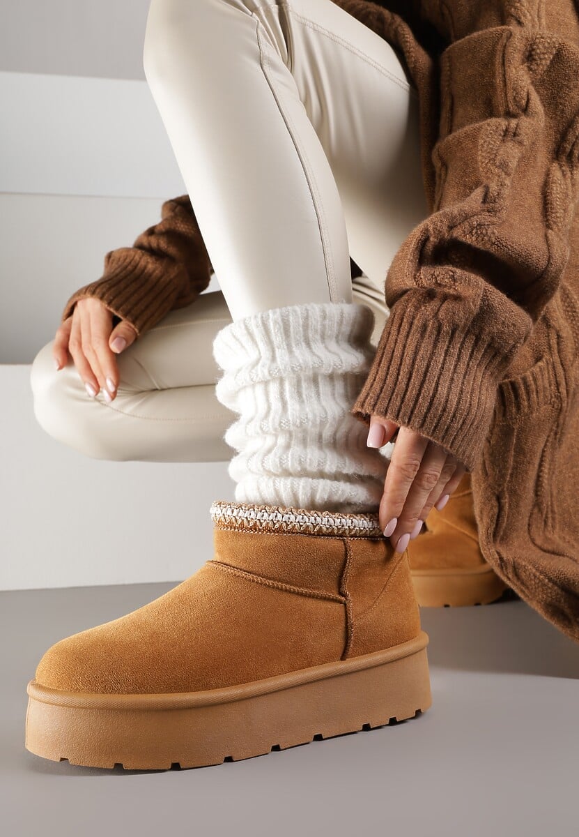 Brązowe Śniegowce na Platformie z Haftem przy Cholewce Sewnera 1