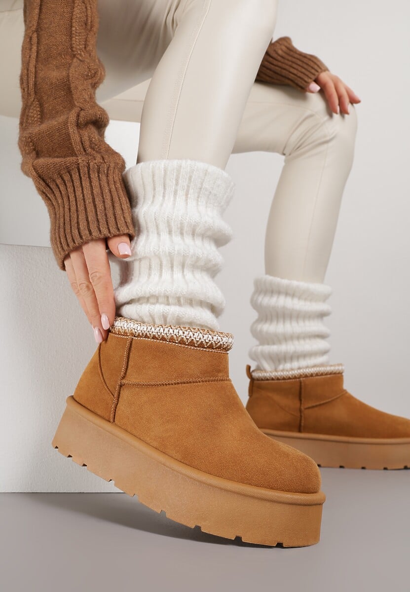 Brązowe Śniegowce na Platformie z Haftem przy Cholewce Sewnera 2